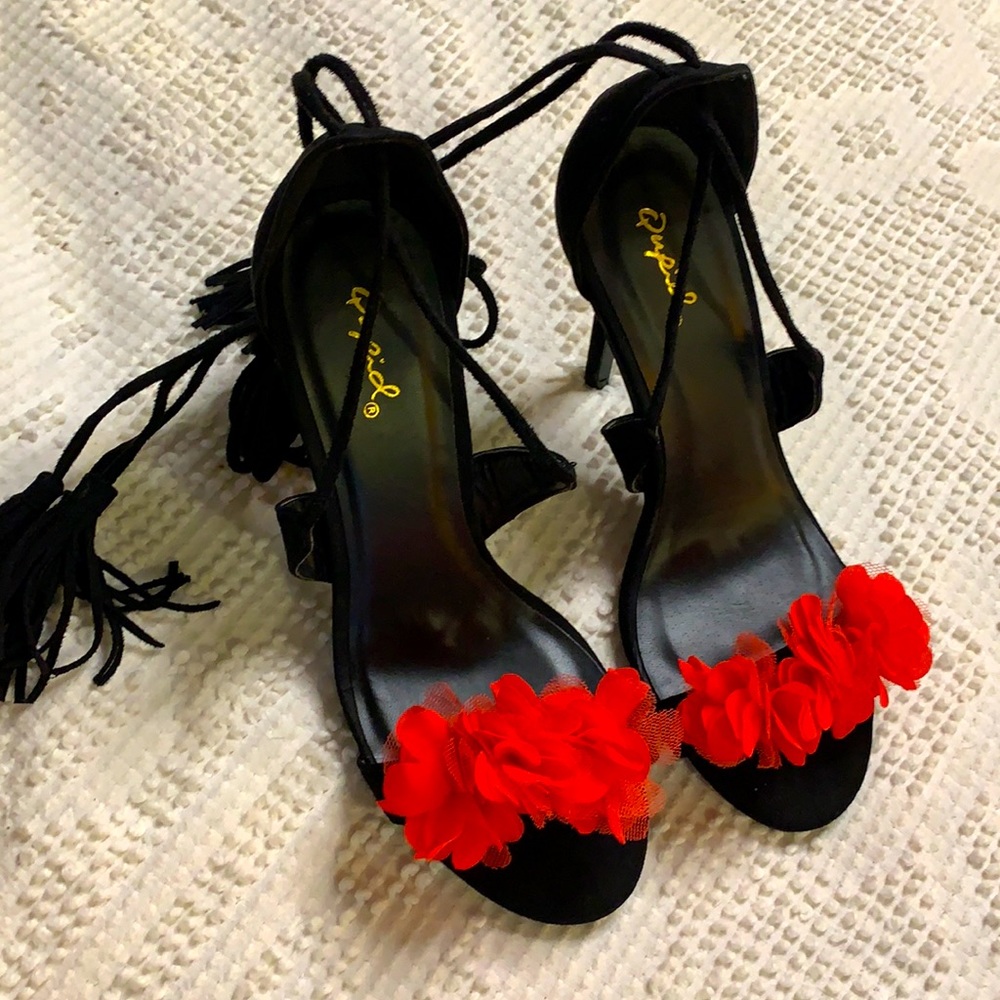 Black Lace up Heels with red flowers
